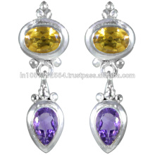 Amethyst & Citrine Gemstone with Sterling Silver in Antique Design Earrings